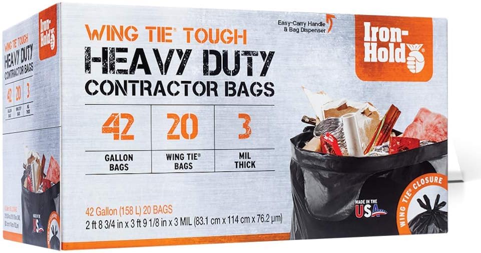 Contractor Trash Bags – 42 Gallon, 20 Bags, Wing Tie Closure, 3 MIL Thick, Gusseted Bottom, Black – Heavy Duty Industrial Strength Garbage Bags