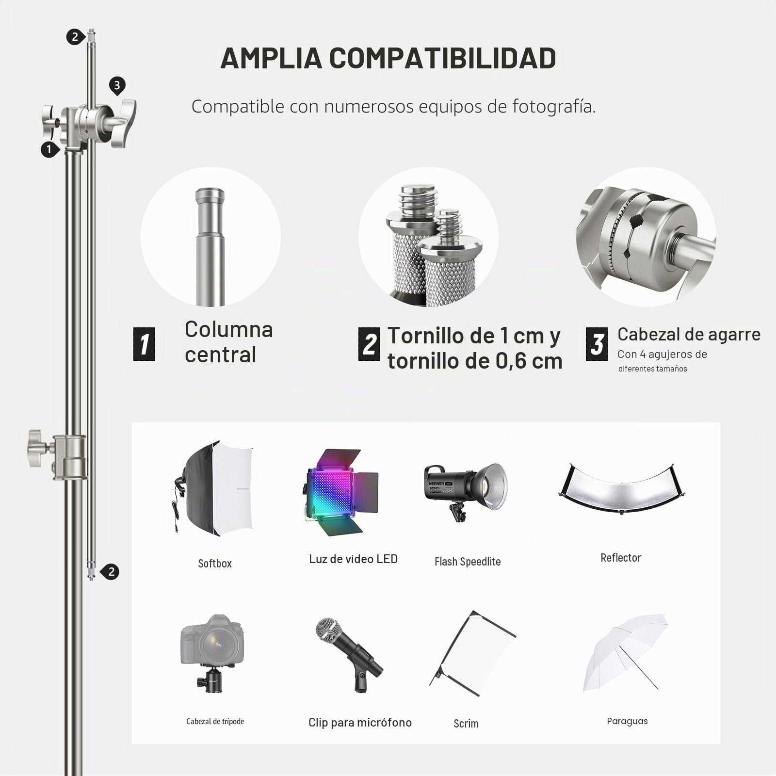 NEEWER Soporte C de Acero Inoxidable de 3,2m con Brazo de Pértigaa, Varilla Central más Gruesa, Carga Máxima 20kg, Fotografía Luz Soporte con Brazo de 1,27m para Monolight Softbox, SC320Q