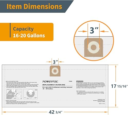 Miniatura 10 de POWERTEC 75070-P2 - Paquete de 4, para aspiradora Craftsman de 12 galones, repuesto para bolsas de recolección de polvo CMXZVBE38735 para aspiradora