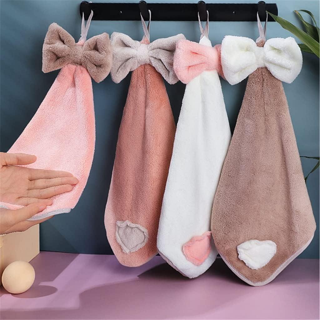 Coral Velvet Heart Embroidery 4-Pack Bow Hand Towel Hanging Cloth Absorbent Rag Kitchen Supplies (Color : A, Size