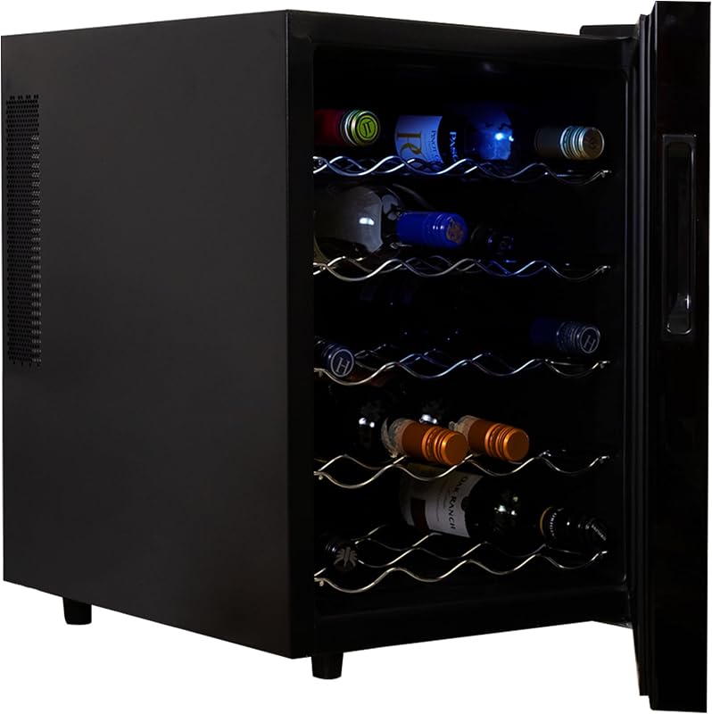 Urban Series Enfriador de vino de 20 botellas, refrigerador de vino termoeléctrico negro, refrigerador de vino independiente para bar en casa, cocina pequeña, apartamento, condominio, cabaña, casa rodante | Capacidad para 20 botellas, rango de 46 a 66 °F, puerta con espejo UV, 5 rejillas extraíbles, pantalla táctil, luz LED