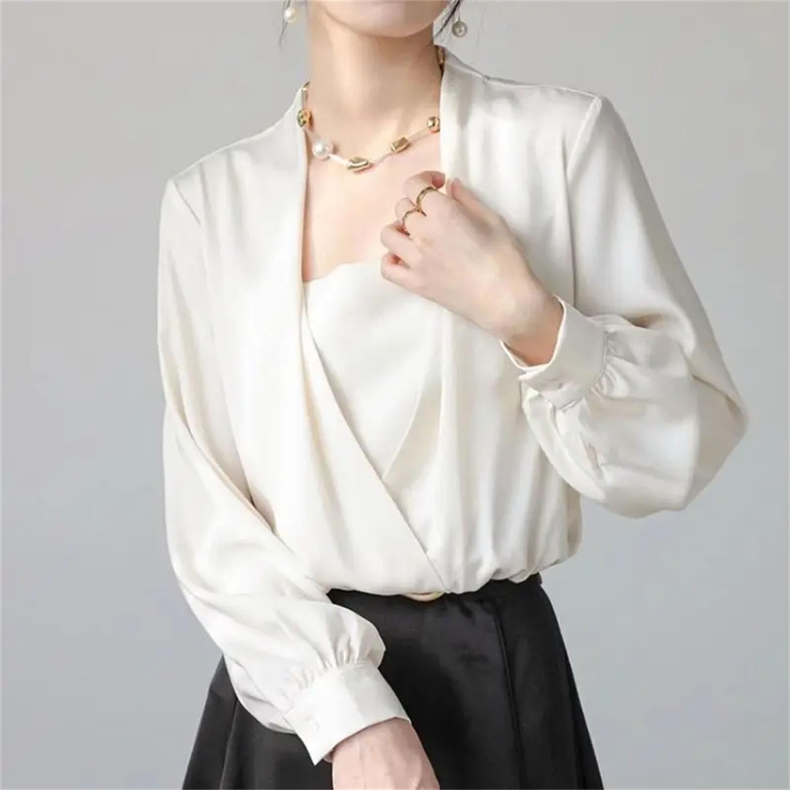 Blusas de satén de manga larga para mujer, para primavera, oficina, trabajo, elegante, casual, holgada
