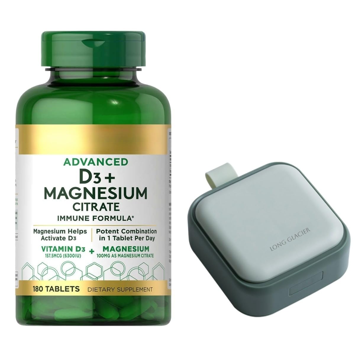 Advanced Vitamin D3 with Magnesium Citrate Immune Formula 180 Tablets Bundle with a Pill Oragnizer, Small Cute Pill Container for Medicine, Vitamins, Green