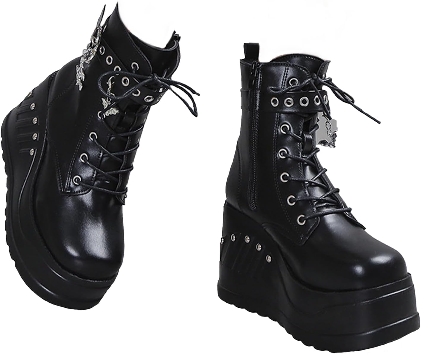 ZKXYFFS Platform Ankle Boots for Women Chunky High Heel Booties Goth Round Toe Combat Wedges Boots Buckle Studded Motorcycle Booties