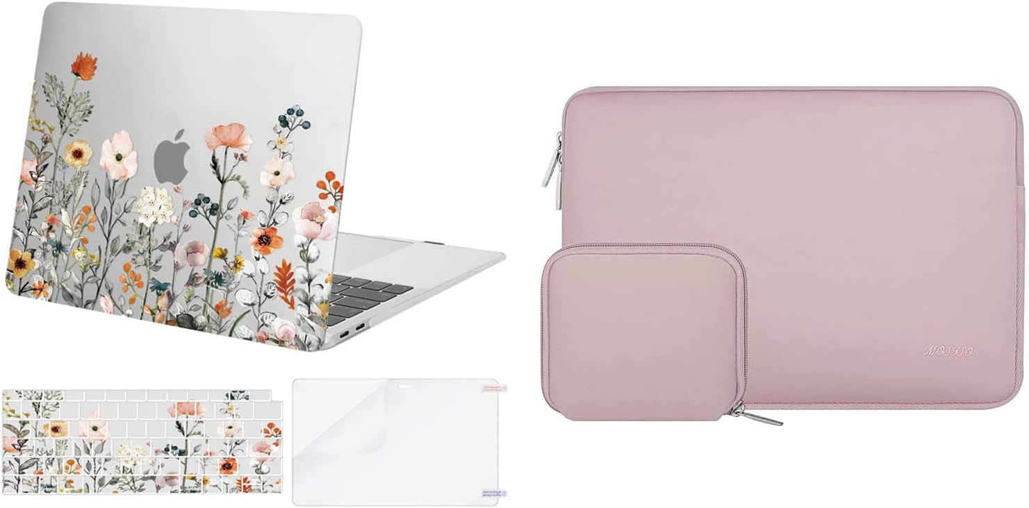 MOSISO Compatible with MacBook Air 13 inch Case 2022-2018 A2337 M1 A2179 A1932, Neoprene Sleeve Bag&Plastic Garden Flowers Hard Case&Keyboard Cover&Screen Protector, Transparent&Baby Pink