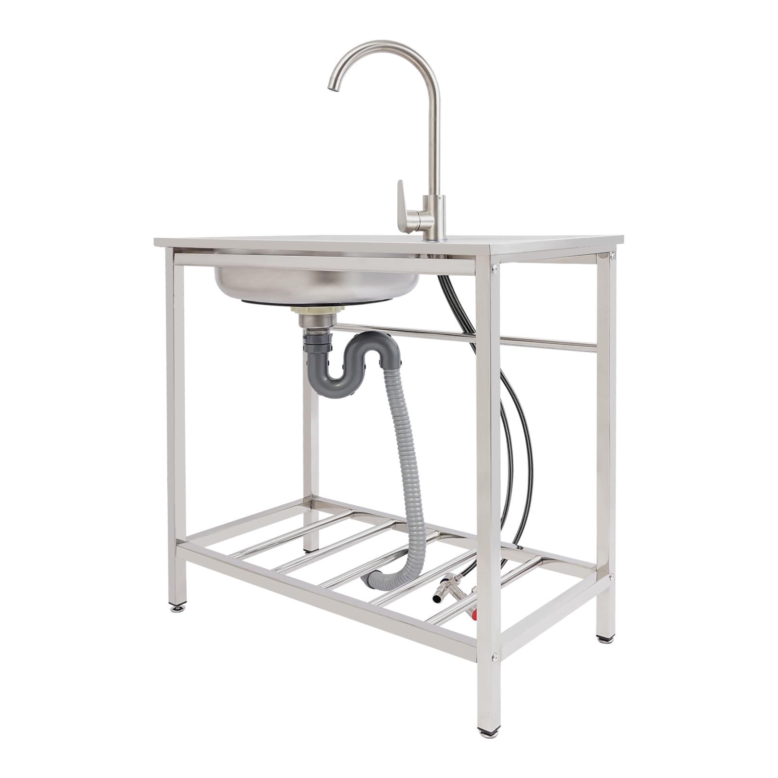 Lavabo autoportant en acier inoxydable, établi, station de lavabo, évier de cuisine simple avec robinet 360°, tuyaux d'eau froide, tuyaux d'eau chaude 75 x 40 x 75 cm