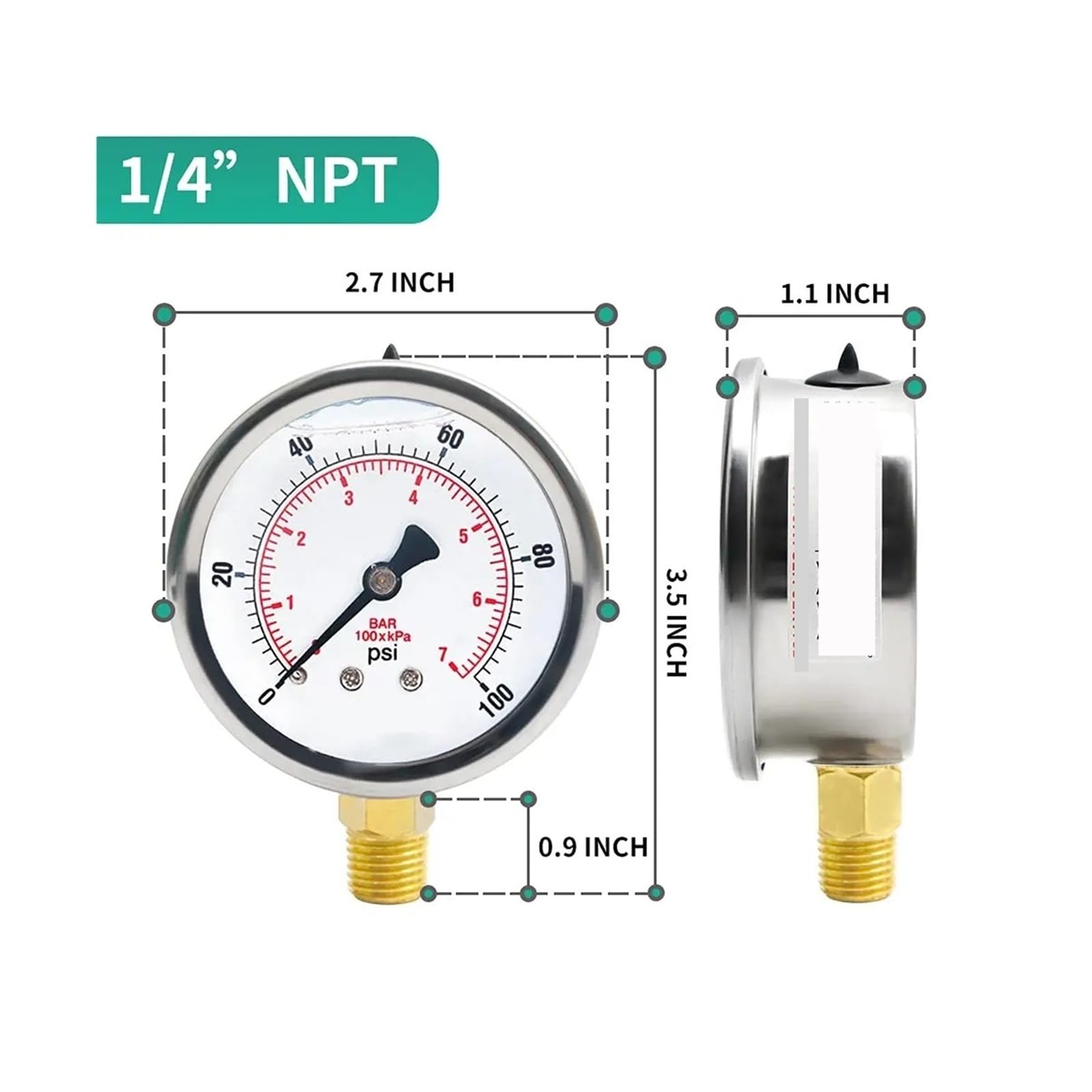 Manomètre 0-100Psi 1/4 ”NPT manomètre d'eau for air hydraulique avec Huile(0-100psi,G1-4)