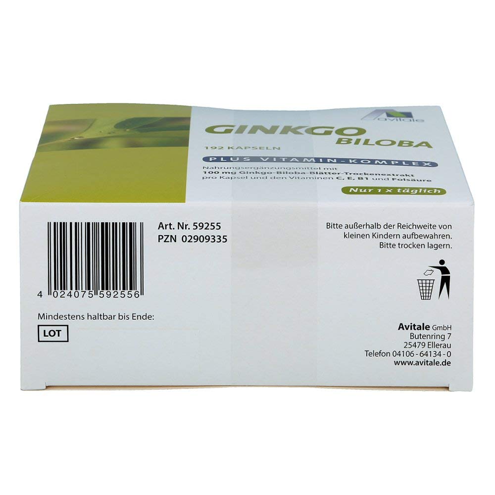 Ginkgo 100 mg + Vitamine C, E, B1 und Folsäure Kapseln 192 stk