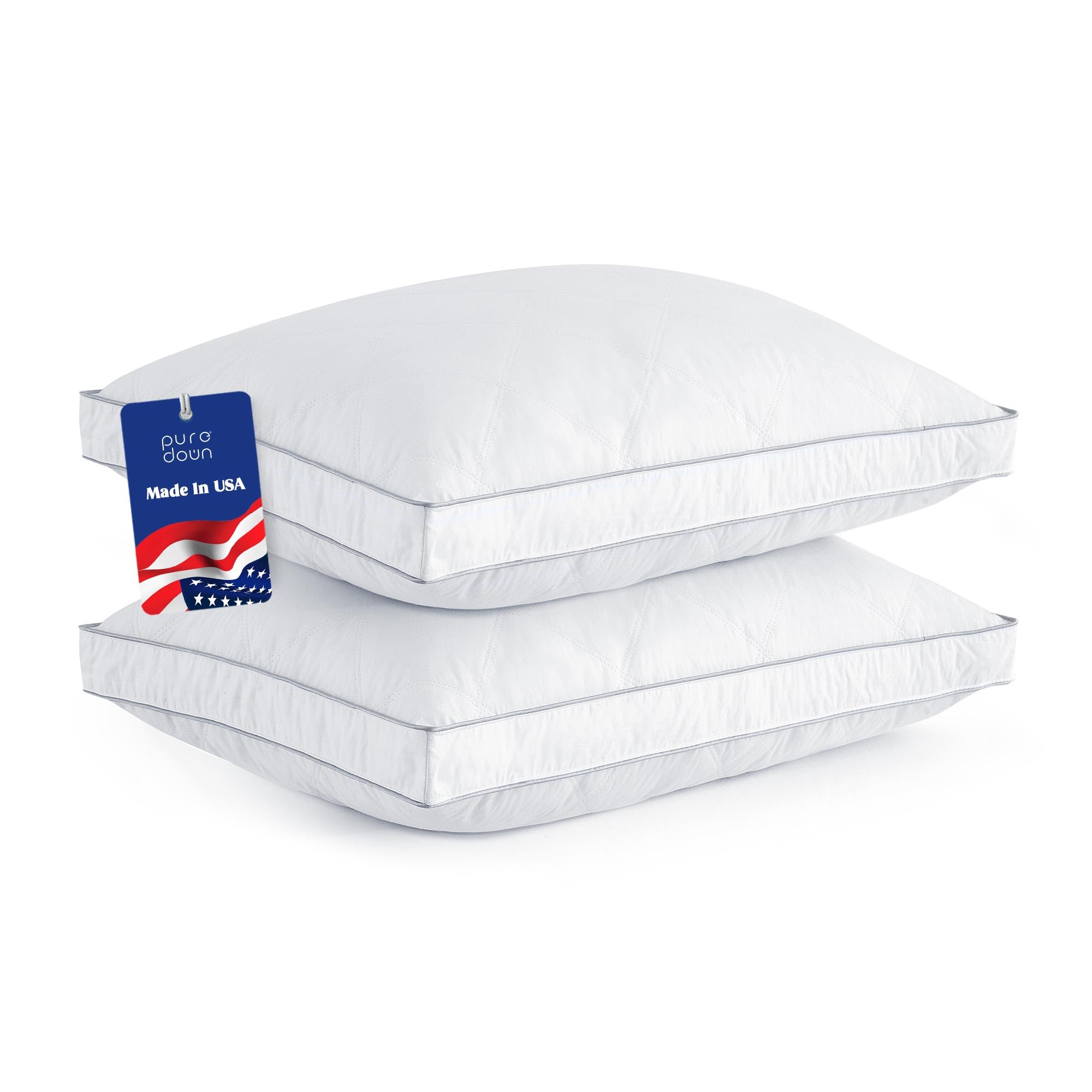 puredown® made in usa goose feather down gusseted pillows, 100% cotton cover, pillows standard size set of 2, luxury hotel gusseted bed pillows for sleeping