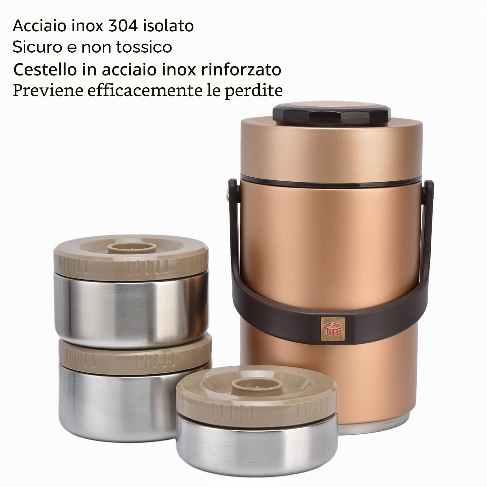 2,3L Contenitore per il pranzo in acciaio inossidabile con 3 strati, isolante a vuoto, contenitore per alimenti con chiusura ermetica per ufficio, viaggi, picnic, attività all'aperto (Oro)