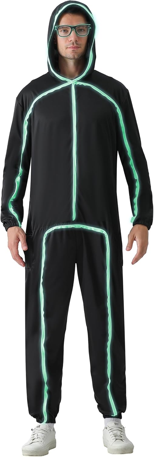 Stick Figure Costume Adult Light up Costume with Glasses Halloween Glow in the Dark Outfits for Men Women Fluorescent Green Medium