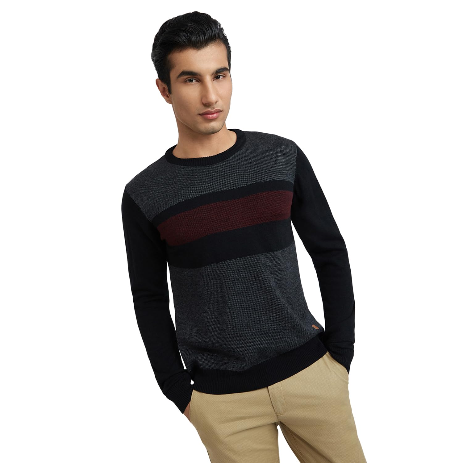 raymond Men's Regular Fit Acrylic Wool Blend Full Sleeve Round Neck Jacquard Pattern Dark Blue Casual Sweater-picture-18
