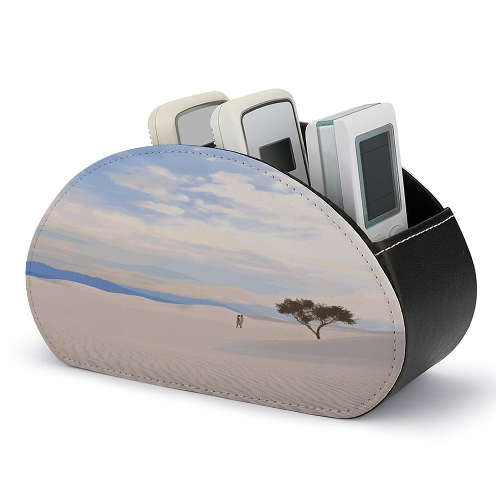 LDGSUPH Romantic White Sand Landscape Remote Control Holder with 5 Compartments PU Leather TV Remote Caddy Storage Box Multi-functional Desk Storage Organizer Box Anti-slip Desktop Caddy