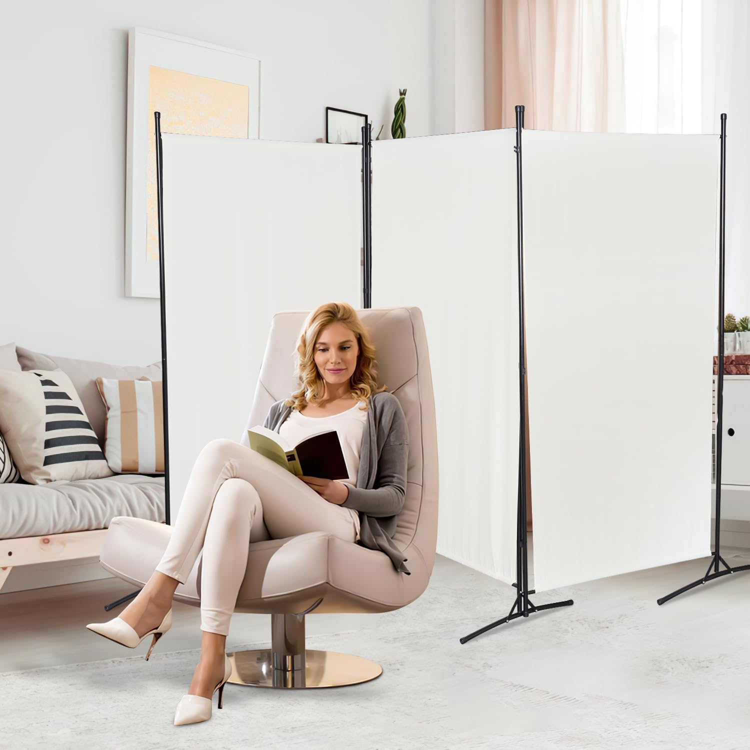 Biombo de 3 piezas, 260 x 180 cm, biombo, separador de ambientes, de pie, plegable, para interiores, protección visual, independiente, de acero y poliéster (beige)