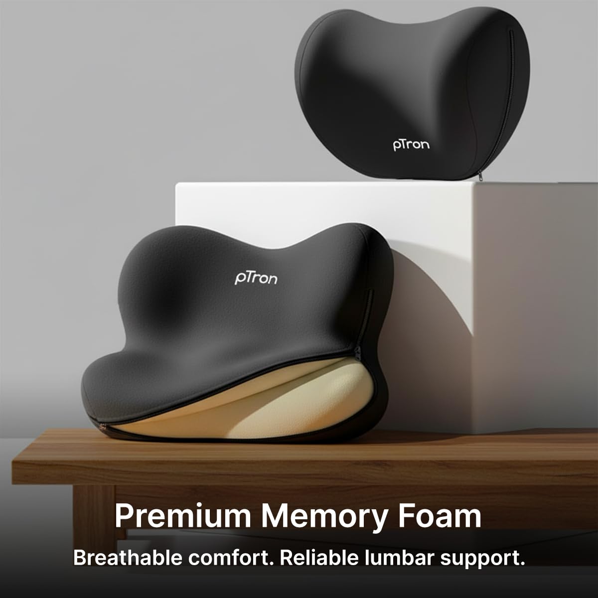 pTron Ergova S3 Memory Foam Car Neck & Lumbar Support Cushion Set for Driving, Ergonomic Design for Long Drive Comfort, Universal Fit for All Cars (Black) 1