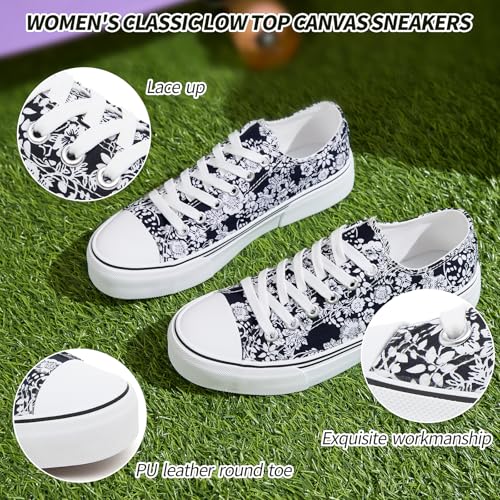 Image of Adokoo Canvas Tennis Shoes for Women Low Top Casual White Black Sneakers for Women Lace Up Fashion Comfortable Walking Shoes