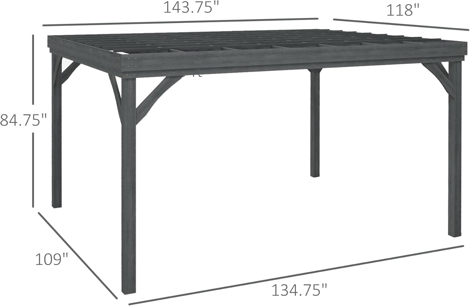 Technical drawing of the Outsunny pergola with detailed dimensions: 143.75 inches length, 118 inches width, 84.75 inches height, 109 inches post spacing, and 134.75 inches base length.