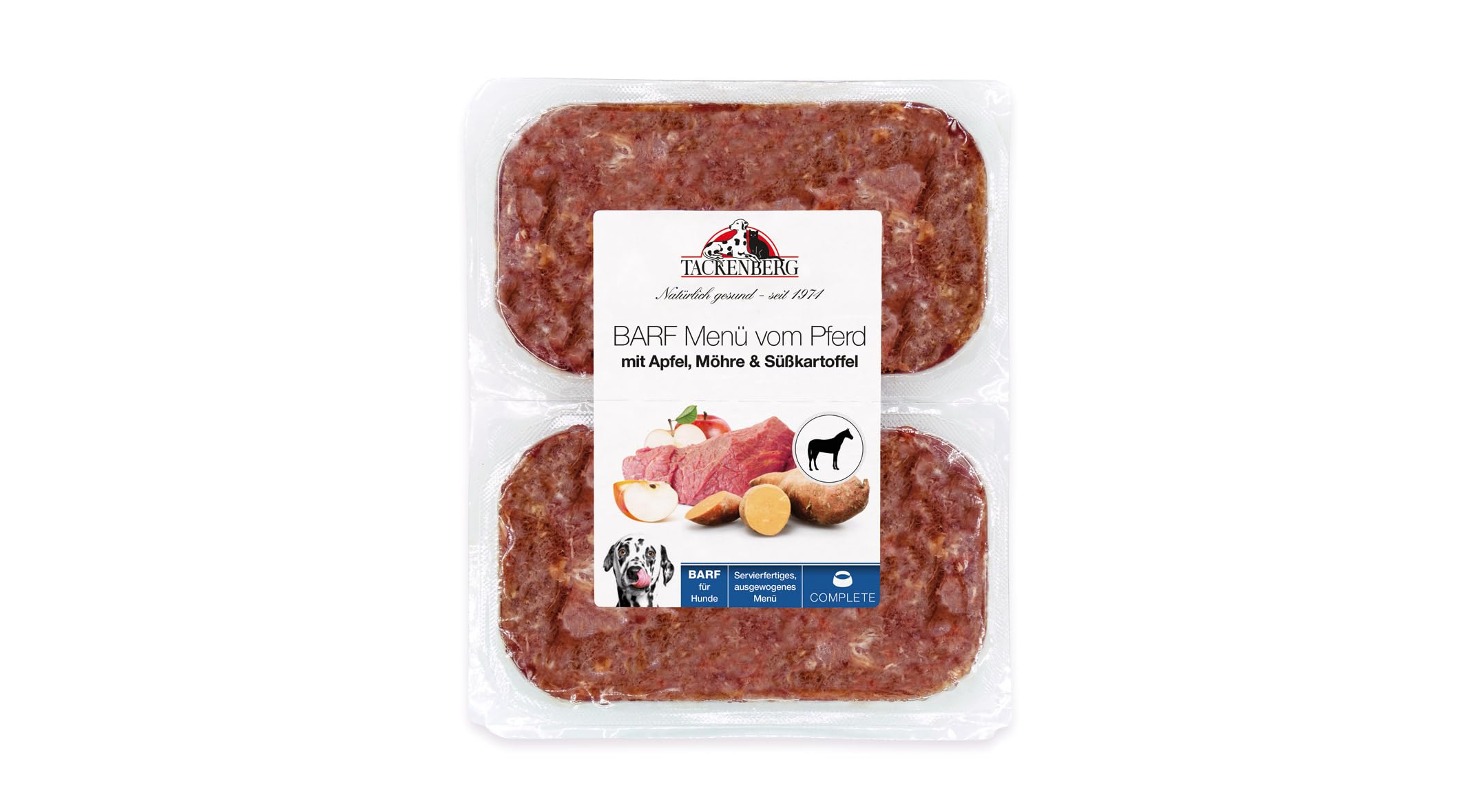 TACKENBERG Barf Menü mit Pferdefleisch, Apfel, Möhre und Süßkartoffel für Hunde - 14 x 500 g - leckeres Frostfleisch als Hundefutter in Premiumqualität - Gefrierfutter