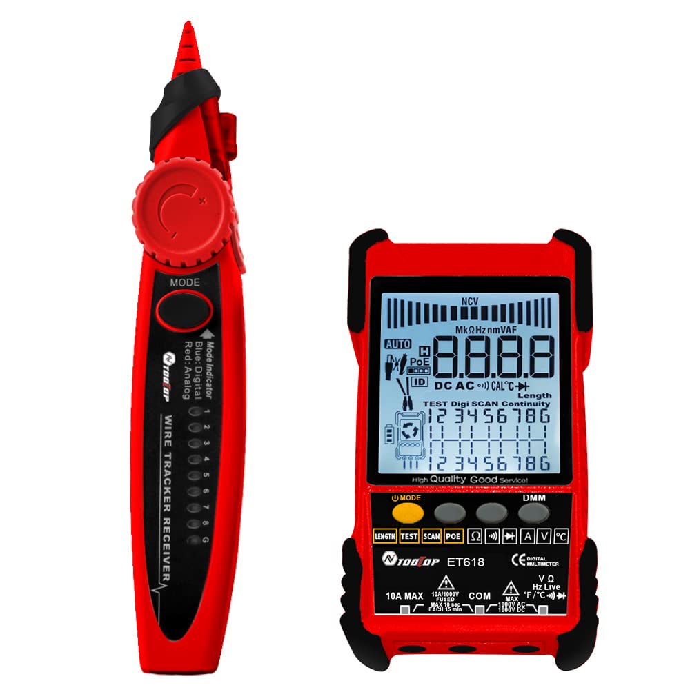 Irfora Multifunktionaler Kabeltester, Tragbarer Tragbarer Kabeltester ET618 mit LCD-Display, Findet Zielkabel Schnell in Netzwerken, POE-Tests, Inklusive Multimeterfunktion (ET618)