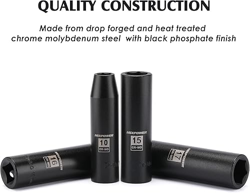 Miniatura 5 de MIXPOWER Juego de 14 llaves de vaso de impacto profundo de 12 pulgada, 0.394 in-1.063 in, acero Cr-Mo, métrico, grado de impacto, estuche de