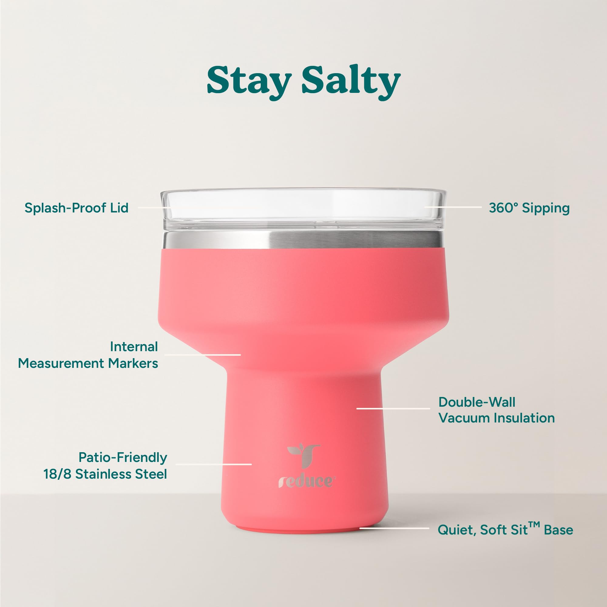 REDUCE Saltini 16 oz Cocktailbecher - isolierter Margarita-Becher mit Deckel - Hält Getränke 10 Stunden lang kalt - 360 schlürfbarer Martiniglas-Alternative - Bruchsicher, perfekt für Partys