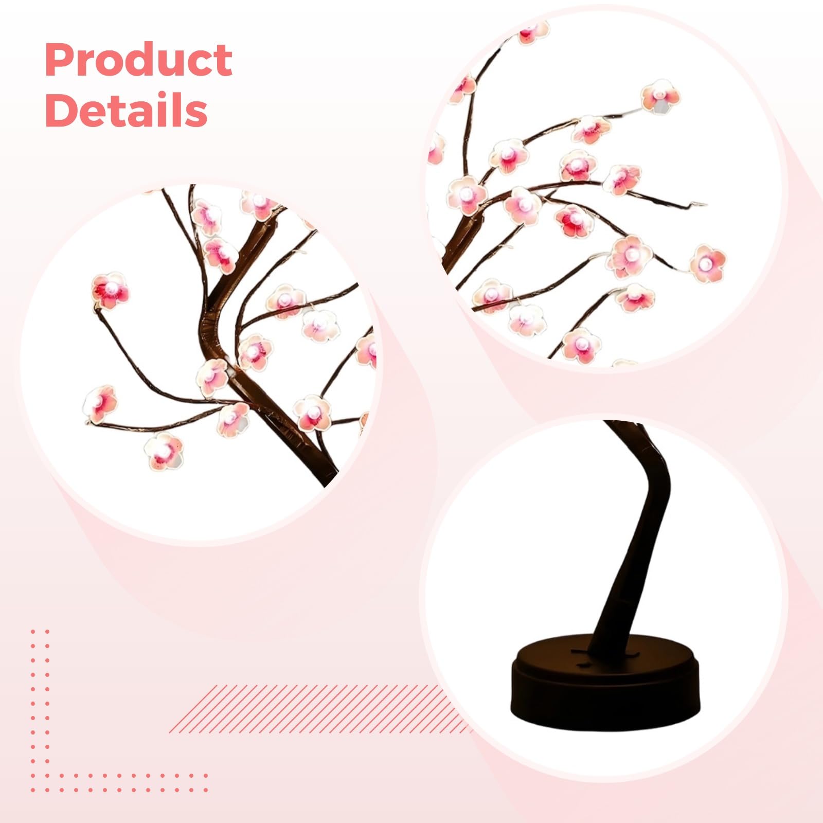 Leuchtender Kirschblütenbaum 19 in / 48 cm, Schwarze Zweige Deko, LED-Lampe mit Fernbedienung, USB- und Batteriebetrieb, für Tisch und Innenraum, Sockel 4,7 in / 12 cm Durchmesser