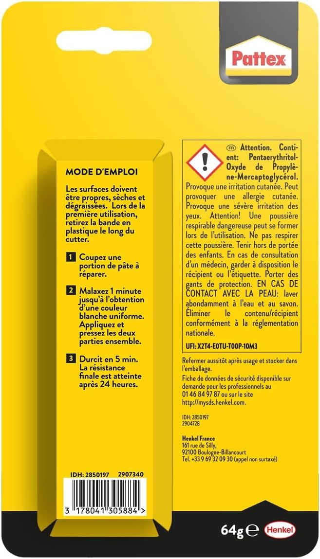 Pattex Pâte à réparer multi-usages 64 g – Pâte epoxy bi-composante pour collages sur matériaux