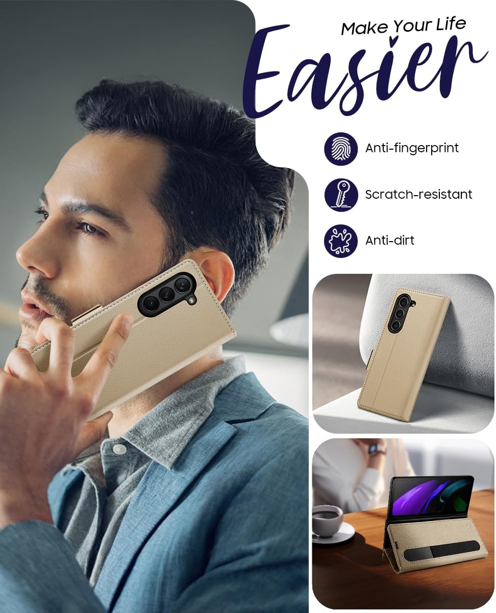 OCASE Compatible with Samsung Galaxy Z Fold6 Wallet Case with S Pen Holder, PU Leather Flip Folio, Card Slots, RFID Blocking, Kickstand, Phone Cover for Galaxy Z Fold 6 2024-Litchi Apricot