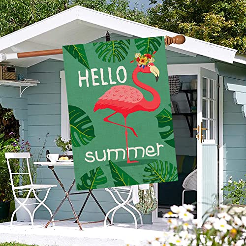Qinqingo Hello Summer Flamingo House Flag 28" X 40" Double Sided Green Palm Leaves Summer Outdoor Large Banner Burlap Outside Lawn Seasonal Yard Flag (Hf-03) #TOP5