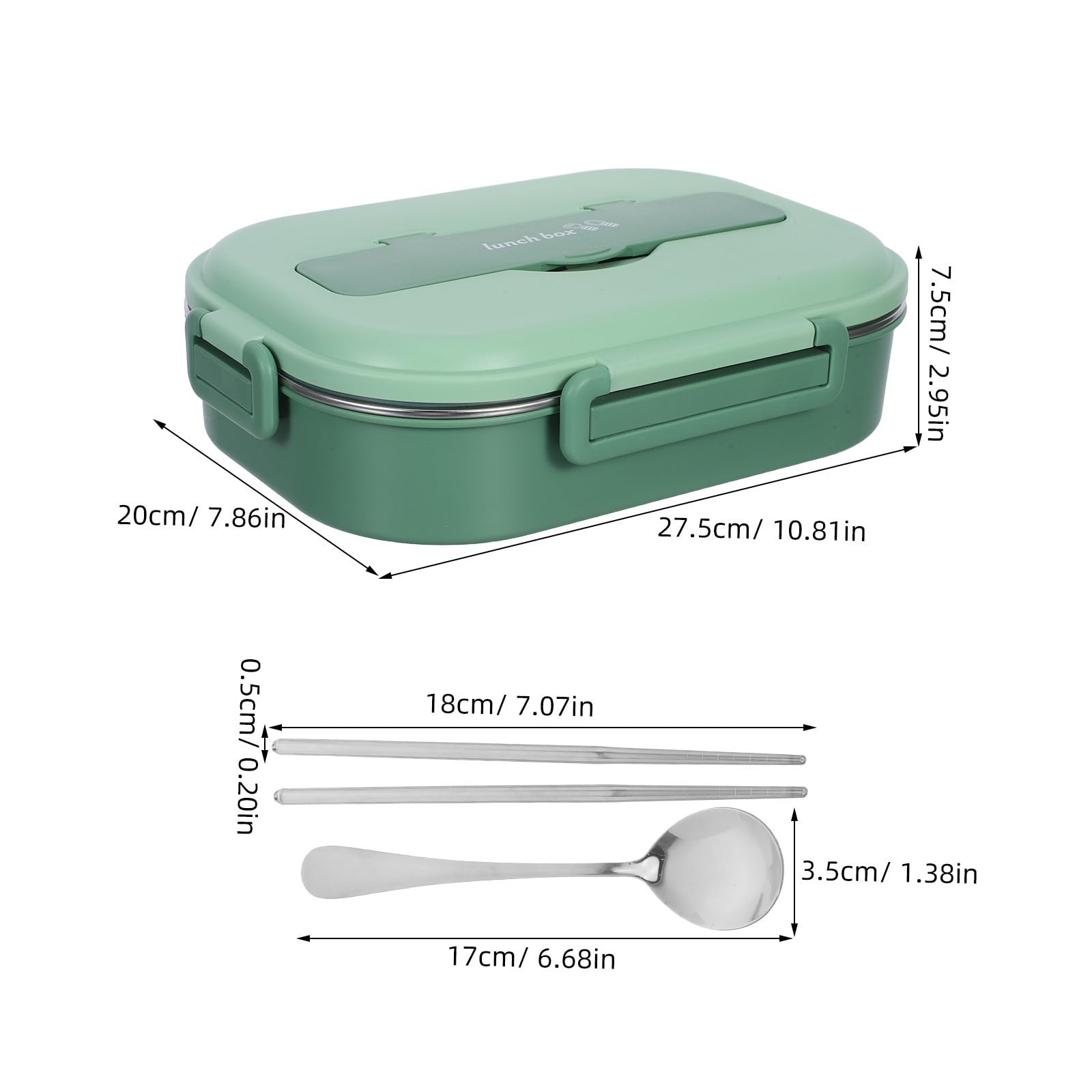 Lunch Box in Acciaio Inox con 4 Scomparti 1500ml Verde | Chiusura Robusta, Plastica e Acciaio Inox, per Lavoro e Uscite Lunghe, con Ciotola Zuppa e Posate