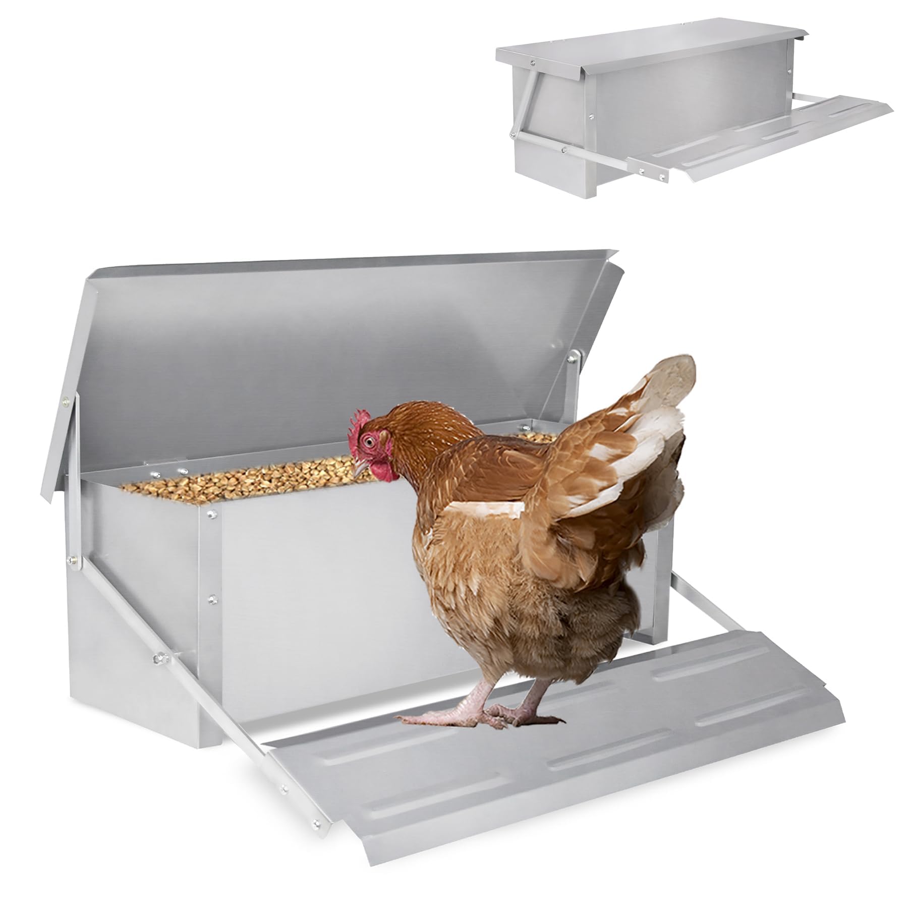Comedero automático para gallinas de 10 kg, en acero galvanizado, comedero para aves con patas a prueba de ratas y cubierta impermeable para gallinas, patos