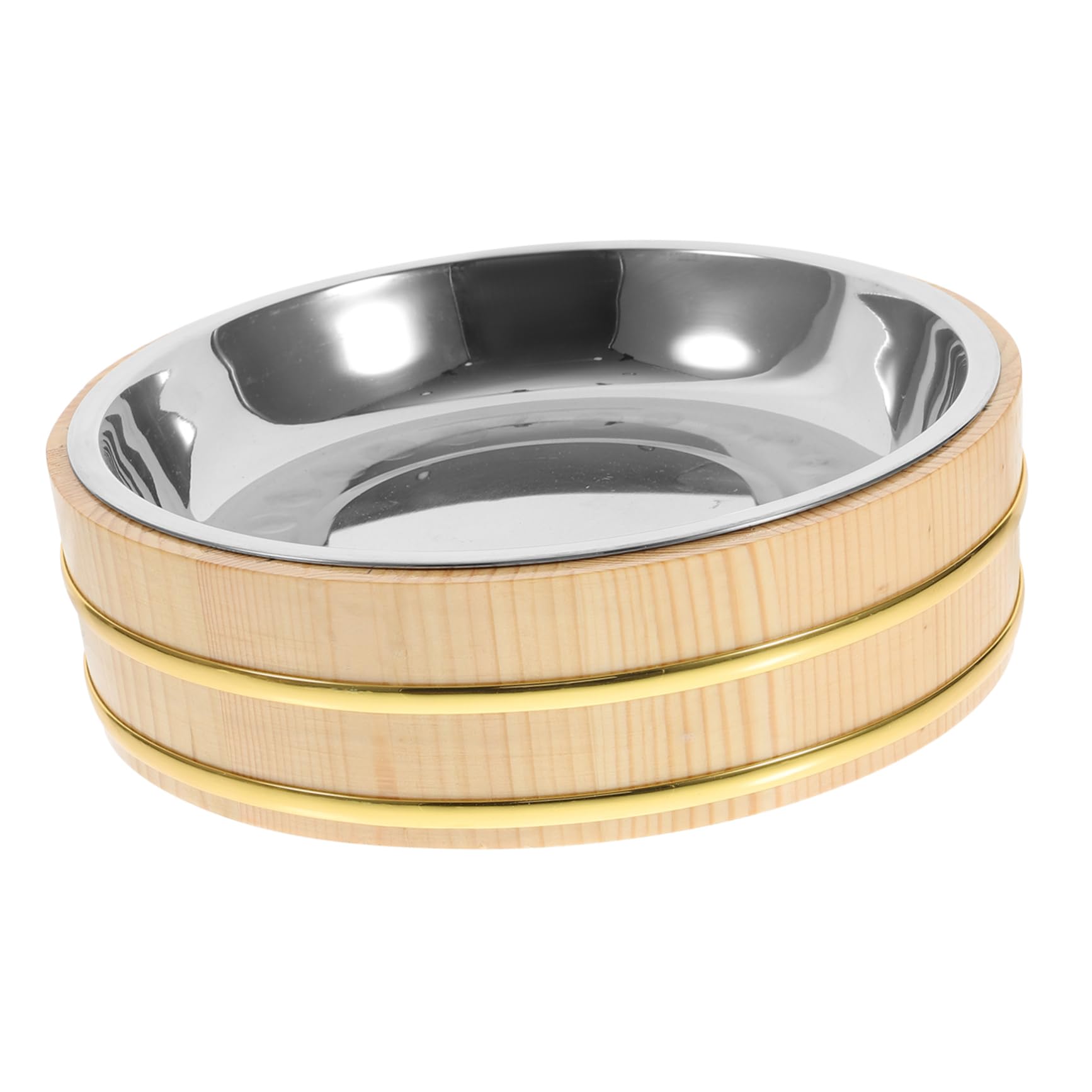 Cubeta de Arroz para Sushi y Bibimbap 25 Cm, Madera Natural Pulida Acero Inoxidable, Absorbe Humedad para Enfriar Arroz, Vajilla Casera para Servir Cangrejos de Río y Refrigerios