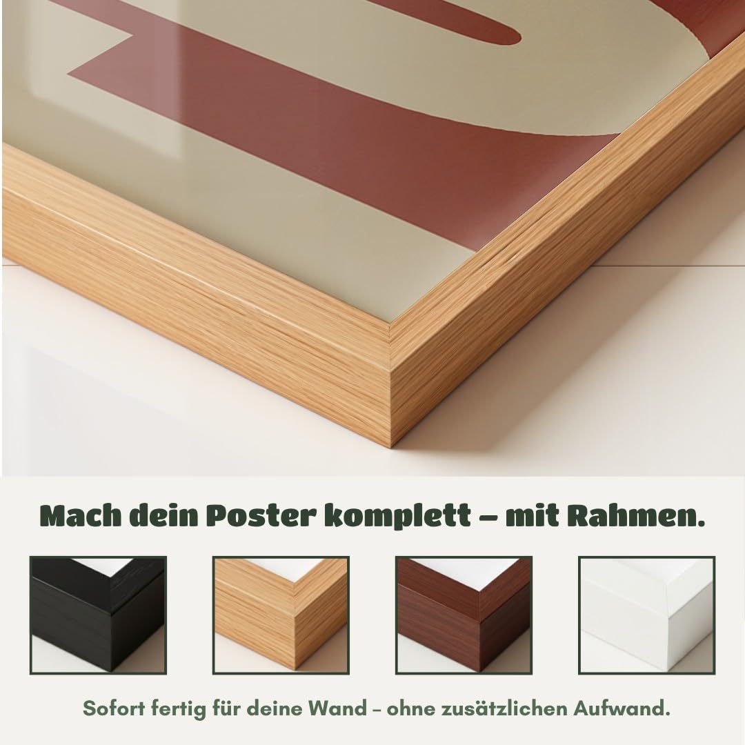 MJ-GRAPHICS® Poster und Kunstdruck rot beige vertikaler Text abstrakt modernes Design Wohnzimmer Büro Wandbild Wanddeko minimalistisch stilvoll A2 mit schwarzem Rahmen