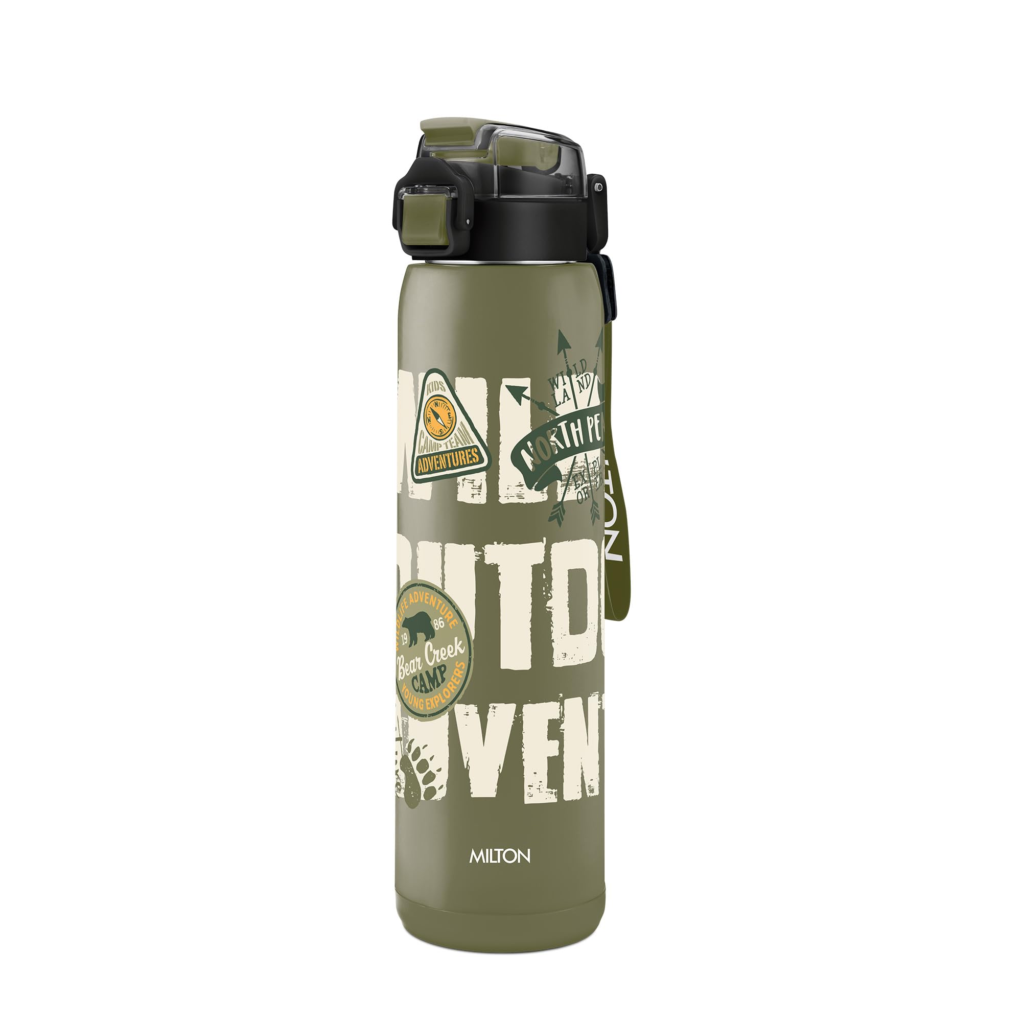 Milton Steel Edge 600 Thermoware Water Bottle 500 ml with One Touch Safety Lock & Twin Lid Sip or Gulp,Long Hours Hot & Cold,Leak Proof,ISI Certified,Vacuum Insulated,Office,Gym,School,Military Green