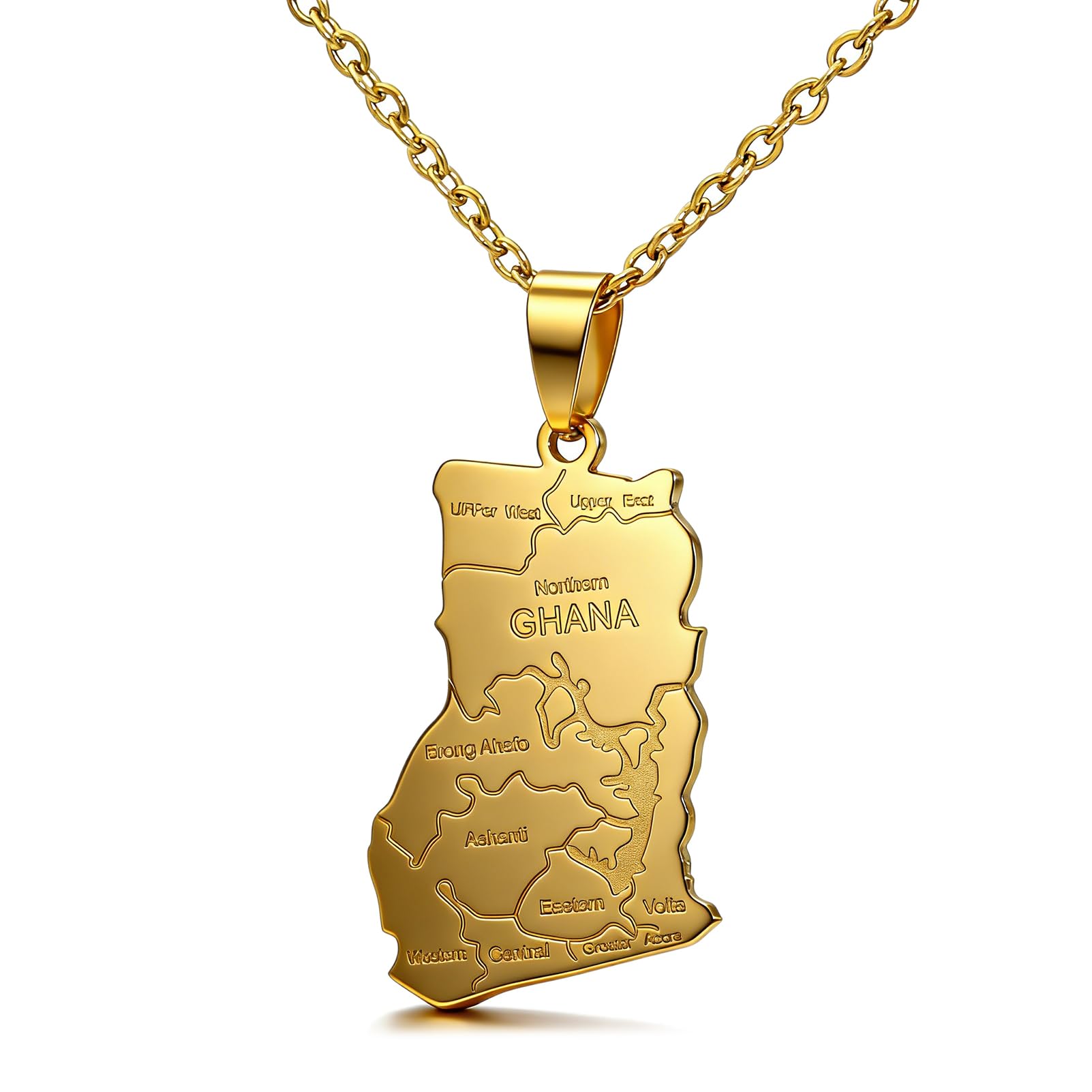 Xusamss Ghana Map Pendant Necklace for Men Women, Gold Plated Stainless Steel African Gha…