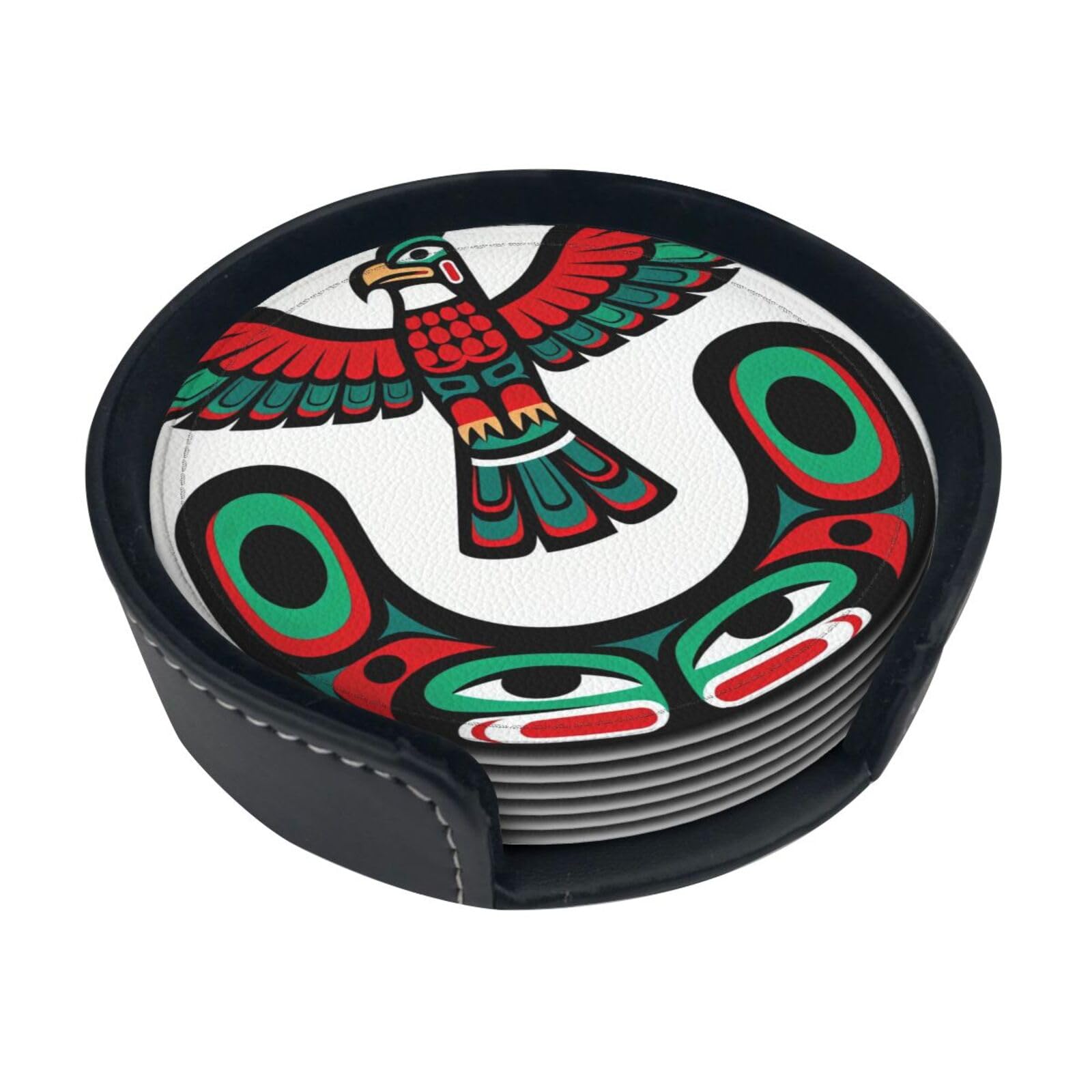 Cntdbu White Thunderbird Totem Leather Coasters Set Of 6-Pu Leather Drink Mats For Table, Heat Resistant Round Coasters With Holder