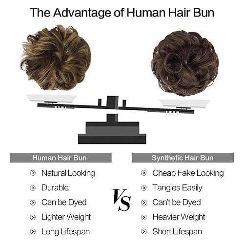 Miniatura 4 de FESHFEN Moños desordenados de cabello humano, 100 % cabello humano, extensión de cabello real, ondulado, rizado, coleteros despeinados para mujeres