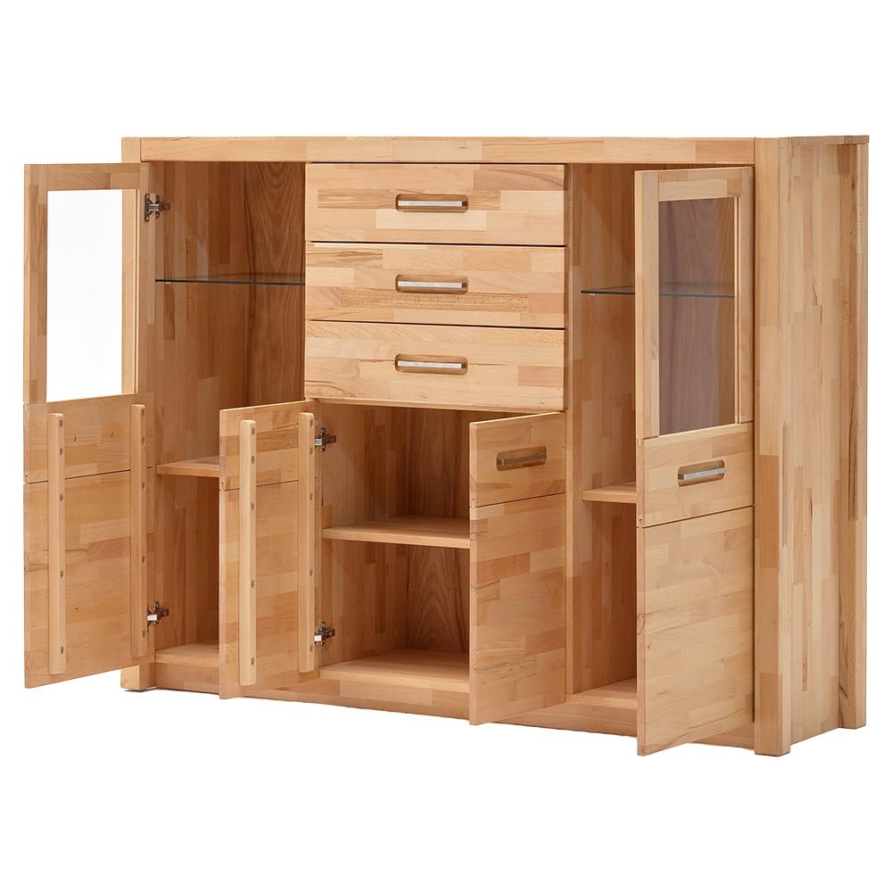 Lomadox Wohnzimmer Highboard Vitrinenschrank mit LED-Beleuchtung, Kernbuche massiv geölt keilgezinkt, Echtholz/Massivholz