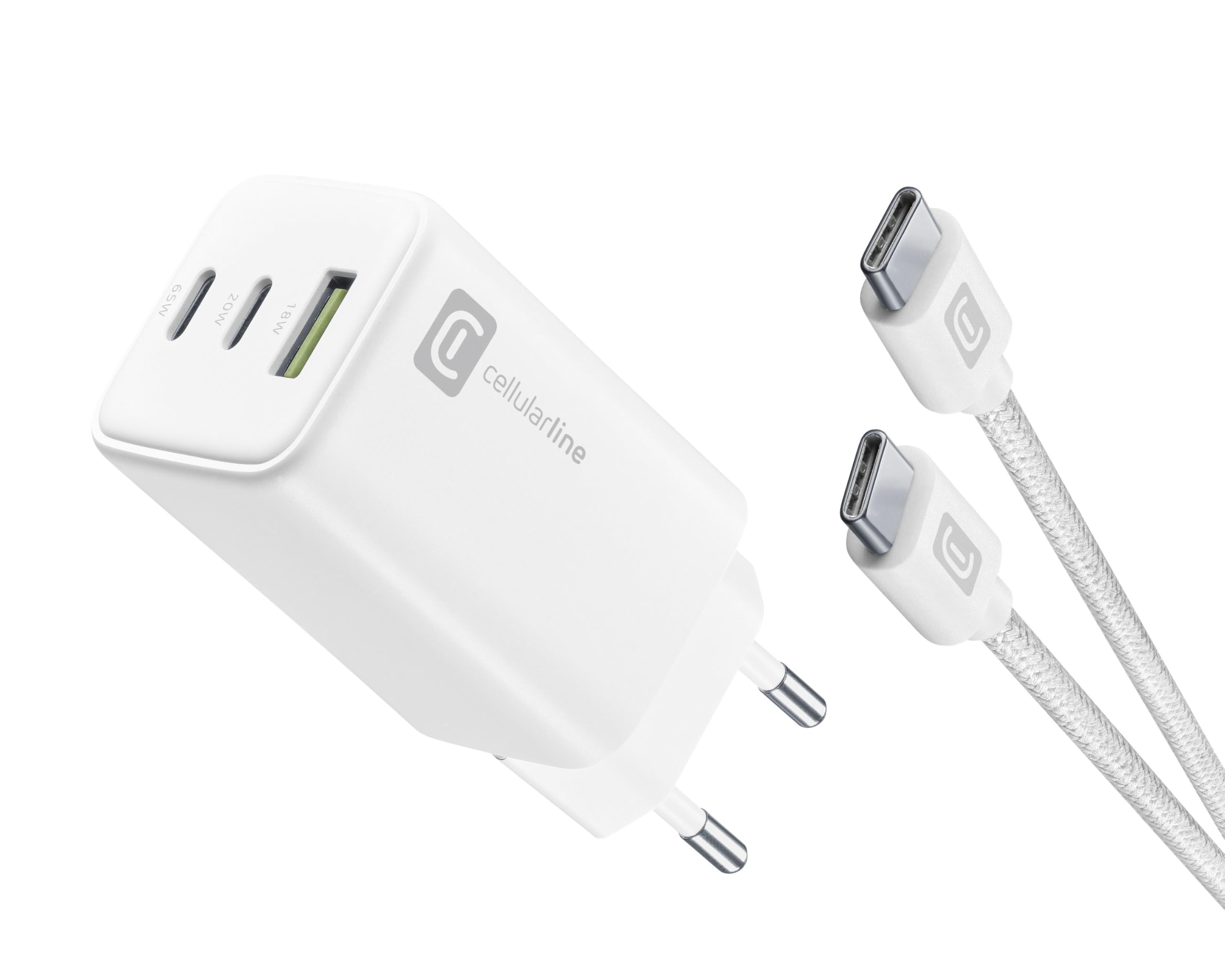cellularline - Multipower 65W Kit - Caricabatterie da Rete 65W + Cavo USB-C to USB-C Incluso - per Tablet, Smartphones e Laptop - Bianco