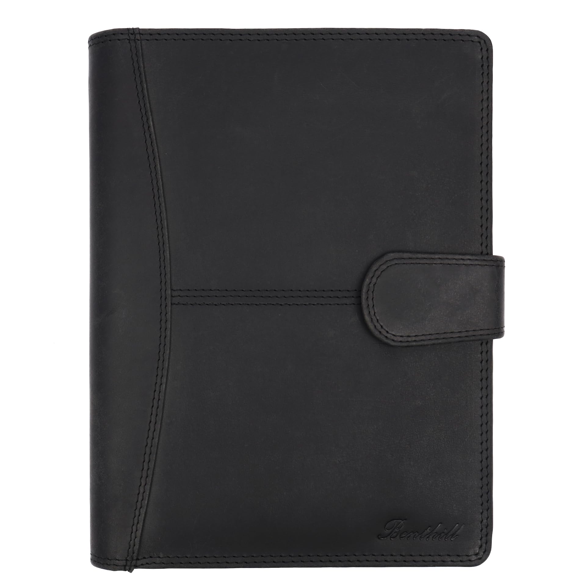 Benthill Arbeitsmappe A5 Echt Leder | Konferenzmappe aus echtem Leder | Reißverschluss Schreibmappe | Dokumentenmappe - Organizer, Farbe:Black (H)