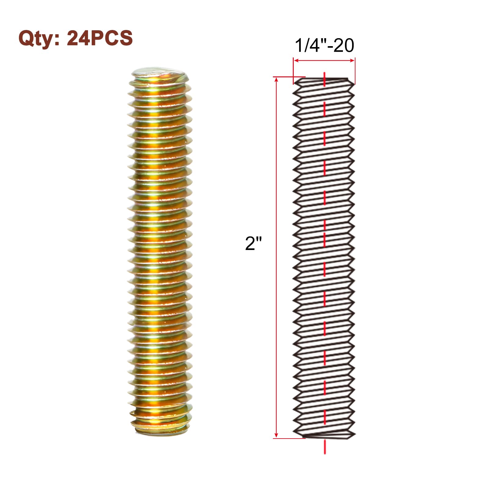 HiPicco 1/4" x 2" Fully All Threaded Rod Studs, 24pcs Carbon Steel Color Zinc Finished Right Hand Thread Screws for Furniture Garden Railing Mounting Assembly, Fastening Steel Frame Connections - Image 2