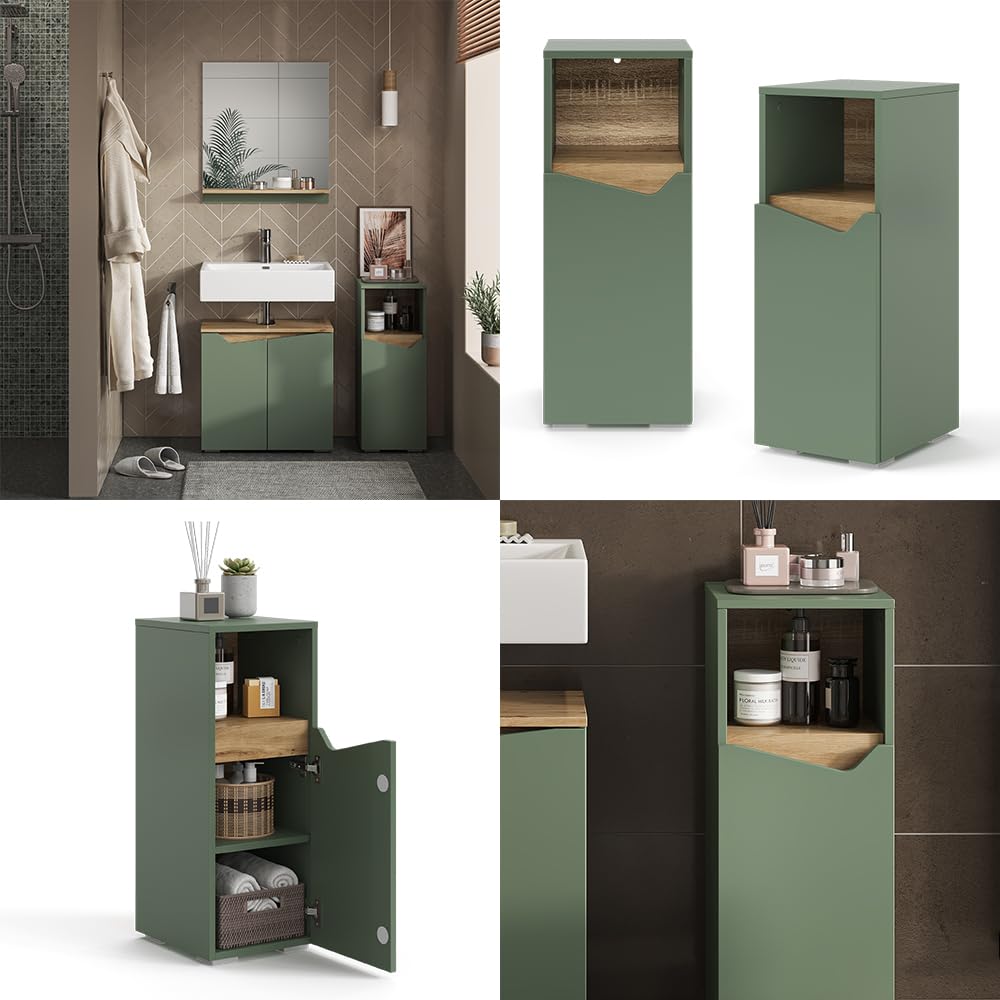 Vicco Mueble Midi Marelle, Verde/Artesano, 30 x 74.5 cm | con puerta y compartimento abierto, para guardar artículos de baño y toallas