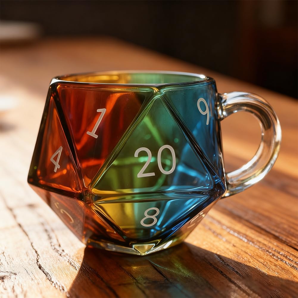 D20 kubek na kości - 20-stronny tęczowy wielościenny kubek z uchwytem dla fanów gier fabularnych i fantasy, prezent na wieczór gier