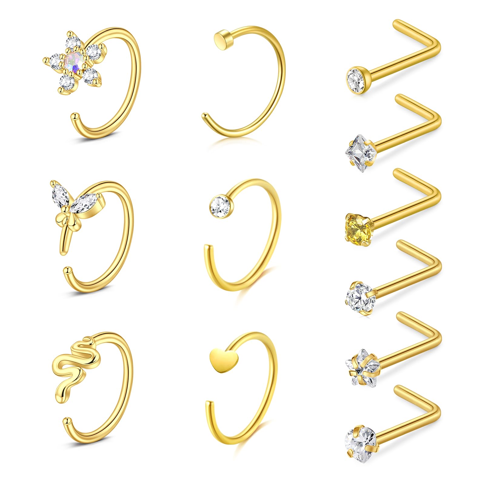 WillTen 20G Nose Studs L Shape Women Nose Studs Colorful Diamond CZ Silver Stainless Steel Heart Start Piercing Jewelry — view 15