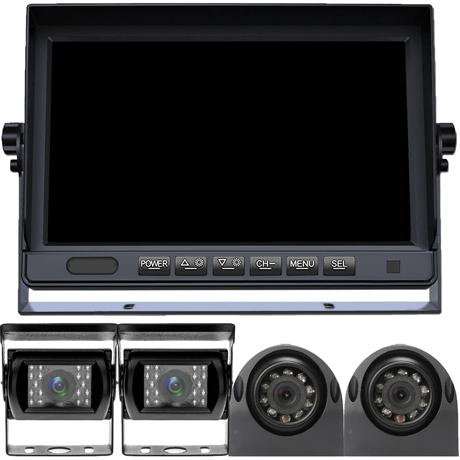 RV Backup Camera System with 7'' Quad Split 1080P Monitor for Truck Trailer Semi Camper Bus & 4 AHD Rear Side View Camera with DVR Record Function IP69 Waterproof Night Vision Avoid Blind Spot DOUXURY 7inch