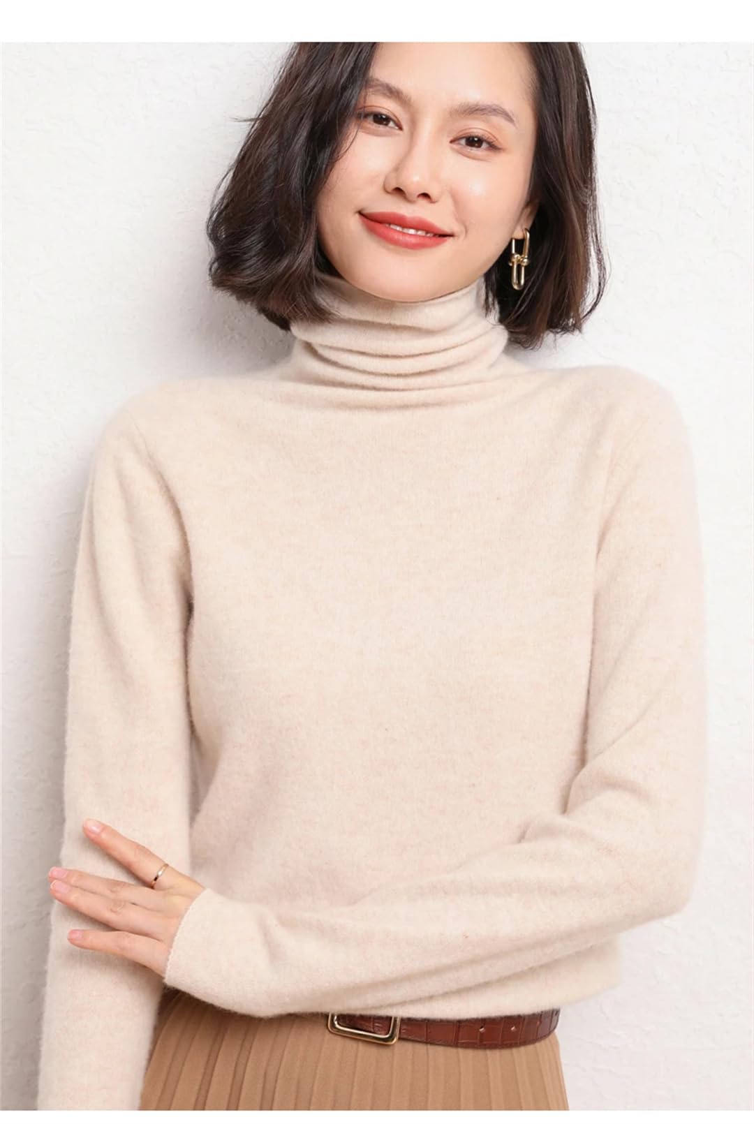 Maglione da donna a collo alto, tinta unita, a maniche lunghe, casual, lavorato a maglia, Beige, XXL