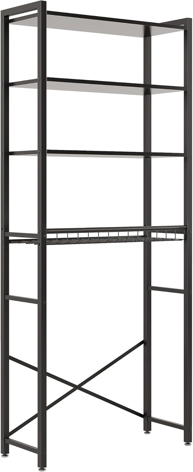 4-Tier Over-the-Toilet Storage Rack with One-Piece Wooden Shelves & Open Net Basket, Bathroom Organizer with Adjustable Feet & Anti-Tip Kit, Space-Saving Toilet Shelf, Black, 24.4" x 9.4" x 69.3"