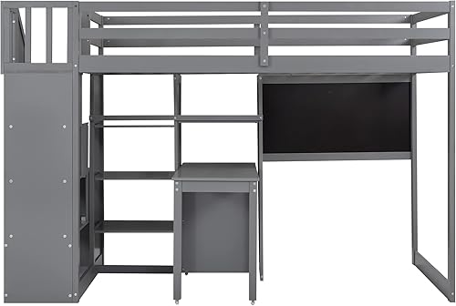 Miniatura 125 de Quarte Cama alta multifuncional, cama alta tamaño matrimonial con escritorio integrado y estantes de almacenamiento, dos cajones y escalera de