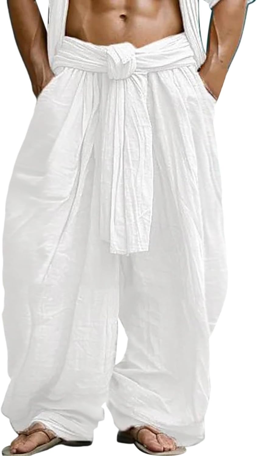 ZHUER Mens Linen Pants Summer Elastic Waist Wide Leg Pants Lightweight Breathable Comfortable Casual Beach Yoga Trousers