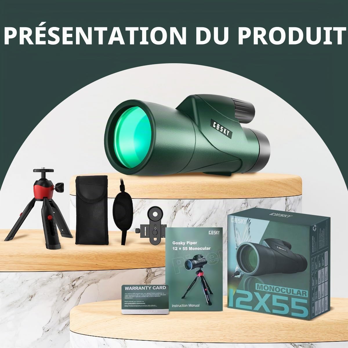 Gosky Télescope Monoculaire, Piper de la Haute Définition 12x55 pour Adultes avec Prisme BAK4 et FMC, Léger avec Adaptateur pour Smartphone Adapté à l'Observation des Oiseaux